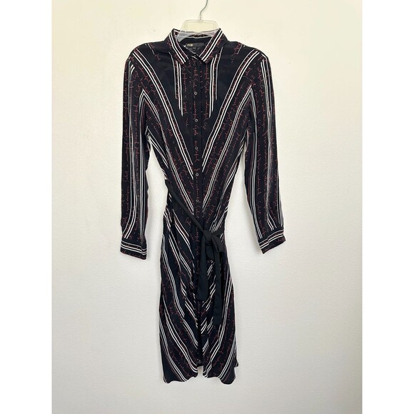 MAJE Regga Shirt Dress Chevron Stripe Print Logo Lettering Belt Black Size 1 (S) - Picture 2 of 13